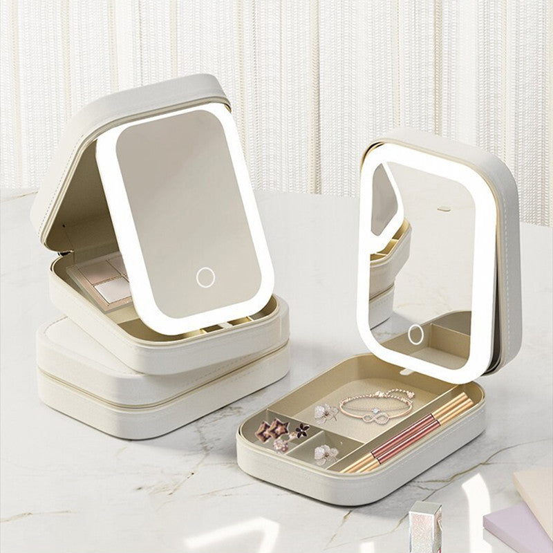 LumiGlow™ Vanity Vault – LED Touch Mirror & Travel Beauty Organizer