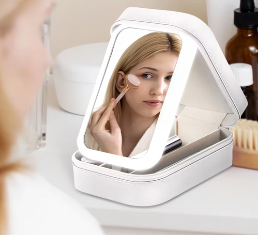 LumiGlow™ Vanity Vault – LED Touch Mirror & Travel Beauty Organizer