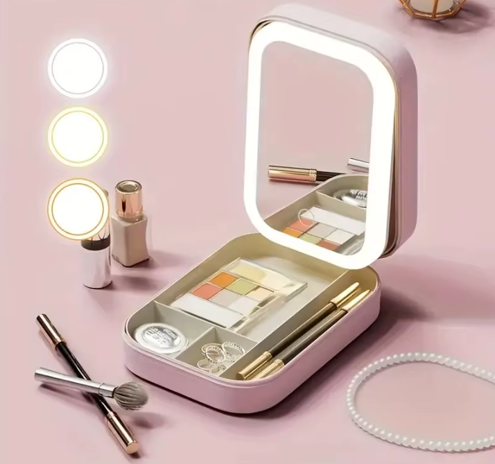 LumiGlow™ Vanity Vault – LED Touch Mirror & Travel Beauty Organizer